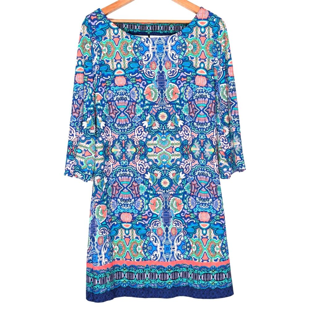 Laundry by Shelli Segal Dress M Blue Paisley Floral Print 3/4 Sleeve Shift Boho